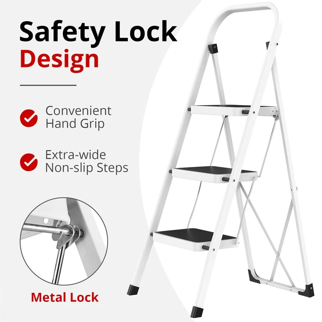 Alt view image 2 of 6 - Step Ladder Folding Step Stool for Adults 3 Step Ladder with Anti-Slip Pedal, 330 lbs Capacity for Kitchen, Home, White