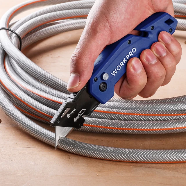 Alt view image 5 of 7 - Folding Utility Knife with 10 Blades, Blue Razor Knife with Belt Clip, Lightweight Nylon Handle, Wire Stripper & Gut Hook, Extra 10 SK5 Blades Included