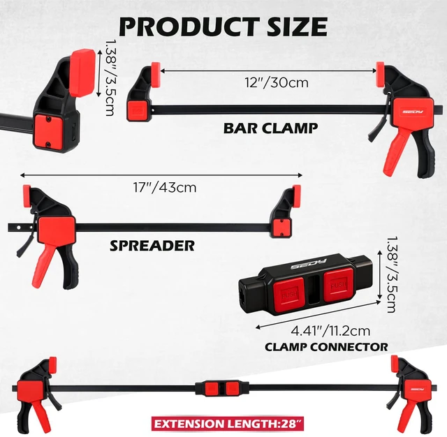 Alt view image 2 of 7 - 6-Pack 12 Inch Bar Clamps for Woodworking with 2-Piece Clamp Connector, 12" Quick-Release Wood Clamps with 150 LBS Load Limit, Trigger Clamp Set, One-Handed Clamps/Spreader for Woodworking