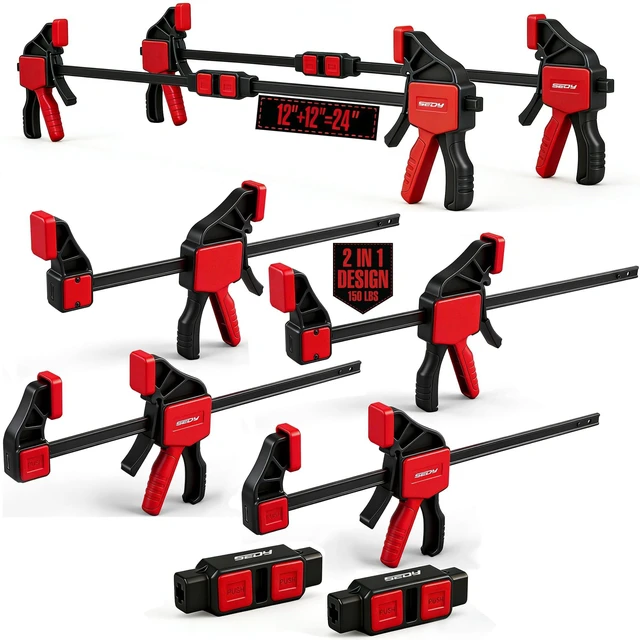 Main image of 6-Pack 12 Inch Bar Clamps for Woodworking with 2-Piece Clamp Connector, 12" Quick-Release Wood Clamps with 150 LBS Load Limit, Trigger Clamp Set, One-Handed Clamps/Spreader for Woodworking
