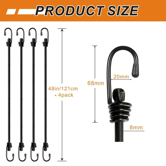 Alt view image 5 of 6 - Bungee Cords with Hooks, Heavy Duty Outdoor Elastic Bungee StrapsNo Odour Industrial Grade Bungee Rope for Securing Tarps, Luggage, Tents, Bikes or Garden Tidying 48inch 4Pcs (Black)