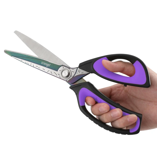 Alt view image 3 of 6 - 10" Heavy Duty Multipurpose Shears for Shop & Garden (Black/Purple) Forged Stainless Steel With Titanium Coating Cuts Fabric, Cardboard, Pruning Branches, Household Materials, Rust-resistant