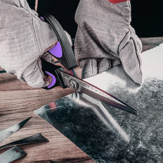 Alt view image 5 of 6 - 10" Heavy Duty Multipurpose Shears for Shop & Garden (Black/Purple) Forged Stainless Steel With Titanium Coating Cuts Fabric, Cardboard, Pruning Branches, Household Materials, Rust-resistant