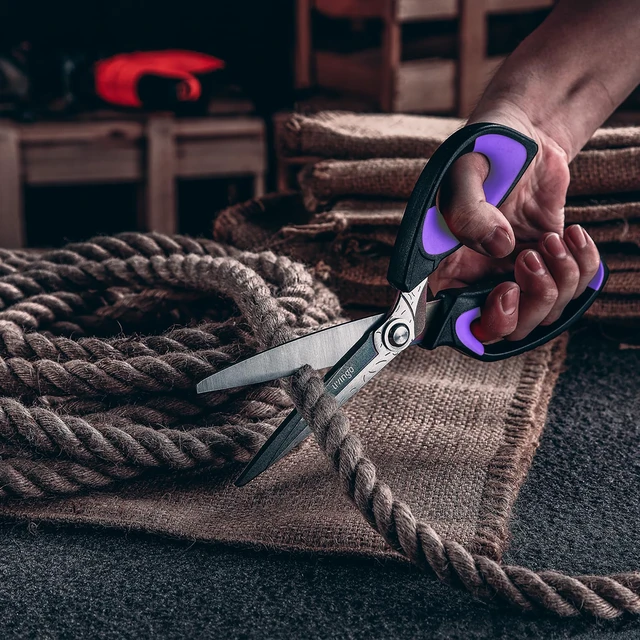 Alt view image 6 of 6 - 10" Heavy Duty Multipurpose Shears for Shop & Garden (Black/Purple) Forged Stainless Steel With Titanium Coating Cuts Fabric, Cardboard, Pruning Branches, Household Materials, Rust-resistant