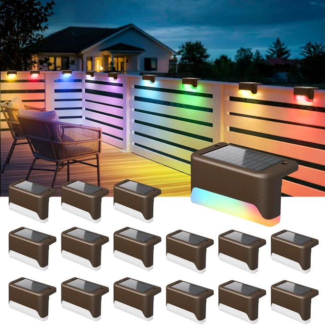 Main image of Solar Deck Lights Outdoor,Fence Lights Waterproof,16 Pack RGB LED Step Light for Outside, Patio, Stair, Garden, Yard, Railing, Front Porch, Balcony Decor