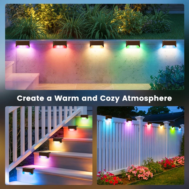 Alt view image 5 of 7 - Solar Deck Lights Outdoor,Fence Lights Waterproof,16 Pack RGB LED Step Light for Outside, Patio, Stair, Garden, Yard, Railing, Front Porch, Balcony Decor