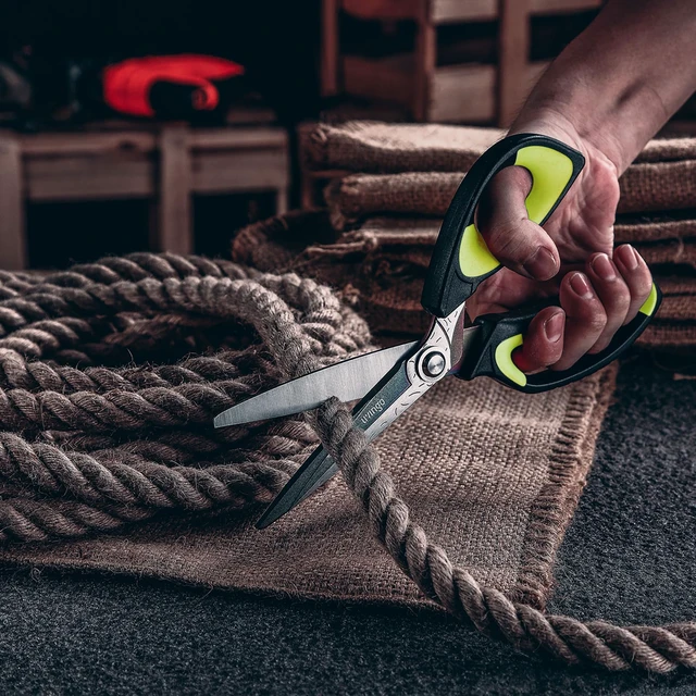 Alt view image 7 of 7 - 10" Heavy Duty Multipurpose Shears for Shop & Garden (Green/Black) Forged Stainless Steel With Titanium Coating Cuts Fabric, Cardboard, Pruning Branches, Household Materials, Rust-resistant
