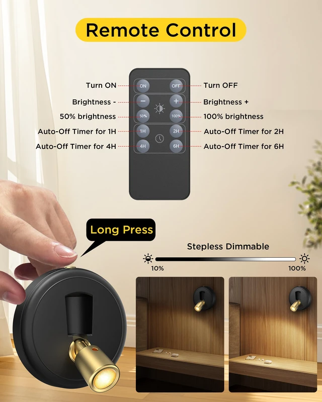Alt view image 5 of 7 - Rechargeable Battery LED Spotlight Indoor: Wireless Mini Art Accent Spot Lights with Timer Remote - Small Dimmable Uplight for Plants Display Painting Dartboard Artwork Portrait Closet (1 pack-black)