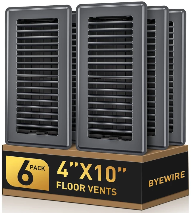 Main image of 4x10 Floor Register, 6 Pack Gray Floor Vent Covers for Home Floor Sidewall Heavy Duty Steel Walkable Floor Vents, Quiet & Adjustable Air Vent Covers, Rust Proof Finish 4" x 10'' Floor Grates