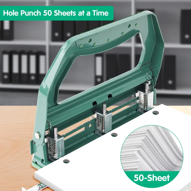 Alt view image 2 of 6 - 3 Hole Punch Heavy Duty, 9/32" Holes, 50-Sheet Hole Puncher 3 Ring, 50% Reduced Effort, Adjustable Two & Three Hole Punch, Metal Paper Puncher w/Large Chip Tray, Metal Paper Guide, Green, HP18