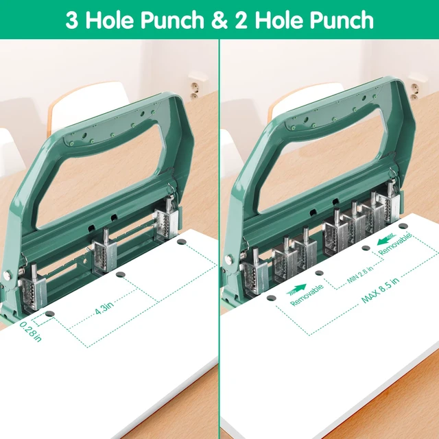 Alt view image 3 of 6 - 3 Hole Punch Heavy Duty, 9/32" Holes, 50-Sheet Hole Puncher 3 Ring, 50% Reduced Effort, Adjustable Two & Three Hole Punch, Metal Paper Puncher w/Large Chip Tray, Metal Paper Guide, Green, HP18