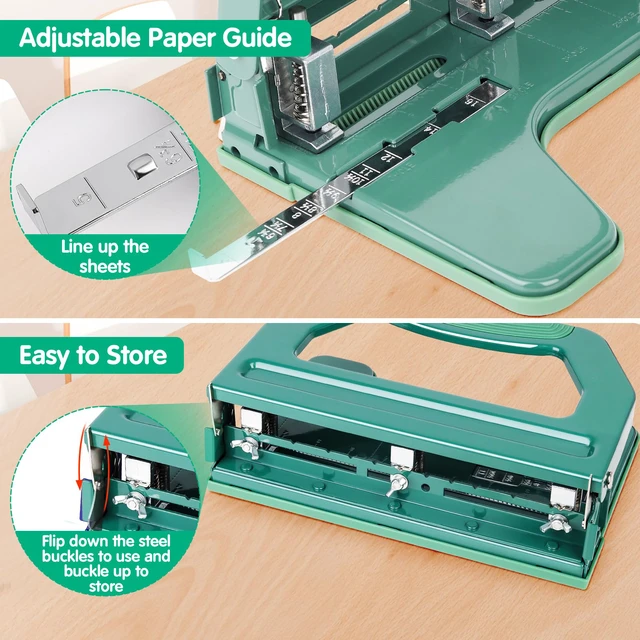 Alt view image 4 of 6 - 3 Hole Punch Heavy Duty, 9/32" Holes, 50-Sheet Hole Puncher 3 Ring, 50% Reduced Effort, Adjustable Two & Three Hole Punch, Metal Paper Puncher w/Large Chip Tray, Metal Paper Guide, Green, HP18