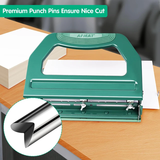 Alt view image 5 of 6 - 3 Hole Punch Heavy Duty, 9/32" Holes, 50-Sheet Hole Puncher 3 Ring, 50% Reduced Effort, Adjustable Two & Three Hole Punch, Metal Paper Puncher w/Large Chip Tray, Metal Paper Guide, Green, HP18