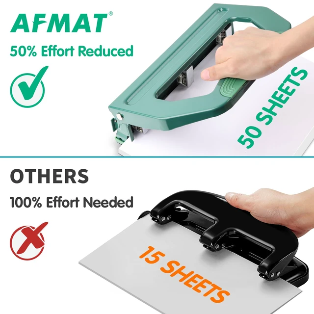 Alt view image 6 of 6 - 3 Hole Punch Heavy Duty, 9/32" Holes, 50-Sheet Hole Puncher 3 Ring, 50% Reduced Effort, Adjustable Two & Three Hole Punch, Metal Paper Puncher w/Large Chip Tray, Metal Paper Guide, Green, HP18