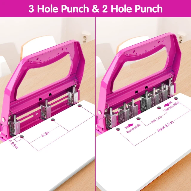 Alt view image 3 of 6 - 3 Hole Punch Heavy Duty, 9/32" Holes, 50-Sheet Hole Puncher 3 Ring, 50% Reduced Effort, Adjustable Two & Three Hole Punch, Metal Paper Puncher w/Large Chip Tray, Metal Paper Guide, HP18