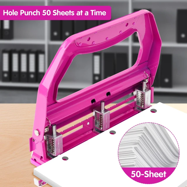Alt view image 2 of 6 - 3 Hole Punch Heavy Duty, 9/32" Holes, 50-Sheet Hole Puncher 3 Ring, 50% Reduced Effort, Adjustable Two & Three Hole Punch, Metal Paper Puncher w/Large Chip Tray, Metal Paper Guide, HP18