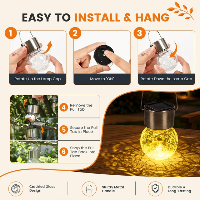 Alt view image 3 of 7 - Solar Lights Outdoor Hanging Lantern Garden Decor for Outside 12Pc Warm White, Waterproof, Solar Powered, Decorative, Crackle Glass, Christmas Decoration, Garden&Tree Decor, Gifts for Women