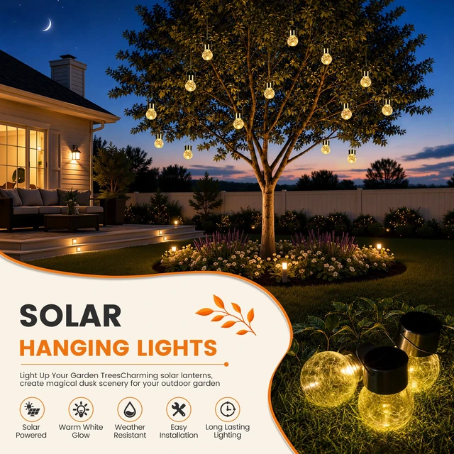 Alt view image 2 of 7 - Solar Lights Outdoor Hanging Lantern Garden Decor for Outside 12Pc Warm White, Waterproof, Solar Powered, Decorative, Crackle Glass, Christmas Decoration, Garden&Tree Decor, Gifts for Women