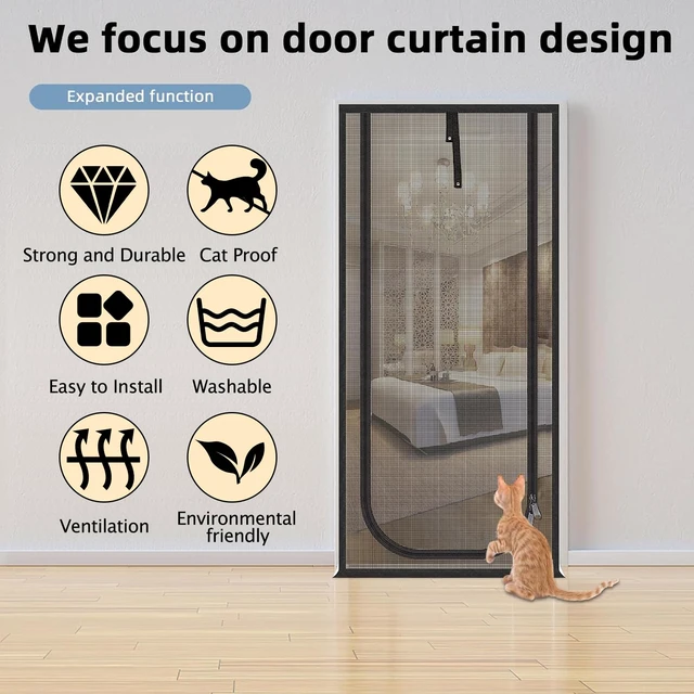 Alt view image 4 of 7 - Upgraded Pet Screen Door,Fits Door Opening Size 34''x 83'',Thickened Cat Resistant Mesh Screen Door for Living Room,Kitchen,Bedroom,Cat Proof Screen with Zipper Closure.(U-Type,Black)