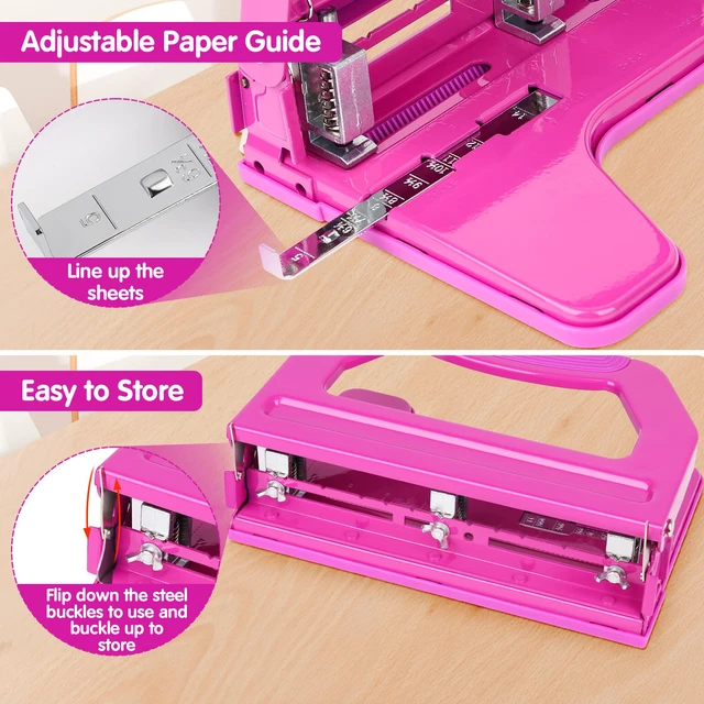 Alt view image 4 of 6 - 3 Hole Punch Heavy Duty, 9/32" Holes, 50-Sheet Hole Puncher 3 Ring, 50% Reduced Effort, Adjustable Two & Three Hole Punch, Metal Paper Puncher w/Large Chip Tray, Metal Paper Guide, HP18