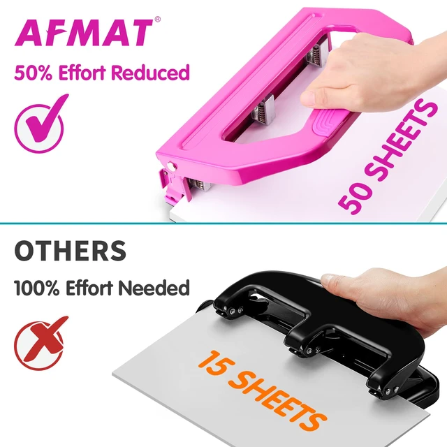Alt view image 6 of 6 - 3 Hole Punch Heavy Duty, 9/32" Holes, 50-Sheet Hole Puncher 3 Ring, 50% Reduced Effort, Adjustable Two & Three Hole Punch, Metal Paper Puncher w/Large Chip Tray, Metal Paper Guide, HP18