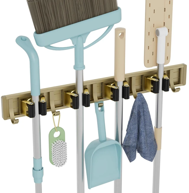 Main image of Broom Holder Wall Mount Mop Hanger Tools organizer 4Racks 5Hooks Adjustable Mop Broom Wall Hanging Heavy duty Tools Storage Rack Space-saving for Garage,Kitchen,Laundry Room,Garden, Bronze