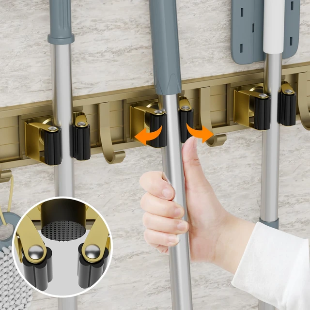 Alt view image 4 of 6 - Broom Holder Wall Mount Mop Hanger Tools organizer 4Racks 5Hooks Adjustable Mop Broom Wall Hanging Heavy duty Tools Storage Rack Space-saving for Garage,Kitchen,Laundry Room,Garden, Bronze