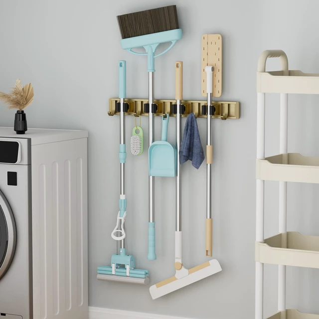 Alt view image 5 of 6 - Broom Holder Wall Mount Mop Hanger Tools organizer 4Racks 5Hooks Adjustable Mop Broom Wall Hanging Heavy duty Tools Storage Rack Space-saving for Garage,Kitchen,Laundry Room,Garden, Bronze
