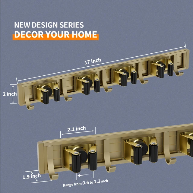 Alt view image 6 of 6 - Broom Holder Wall Mount Mop Hanger Tools organizer 4Racks 5Hooks Adjustable Mop Broom Wall Hanging Heavy duty Tools Storage Rack Space-saving for Garage,Kitchen,Laundry Room,Garden, Bronze