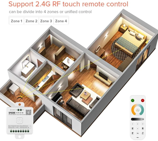Alt view image 4 of 7 - SP630E Bluetooth Controllers 4 Zones 2.4GHz RF RB2 Remote Kit APP & RF Remote, Supports COB/SMD PWM & SPI CCT Tunable White LED Strip WS2811 etc DC5V/12V/24V, For Smart Home Lighting