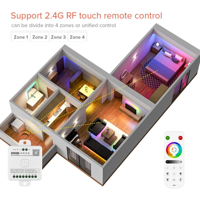 Alt view image 4 of 7 - SP630E Bluetooth Controllers 4 Zones 2.4GHz RF RB4 Remote Kit APP & RF Remote, Support COB SMD PWM or SPI RGBCCT RGBWW LED Strip WS2805 WS2811 IC DC5V/12V/24V, For Smart Home Lighting