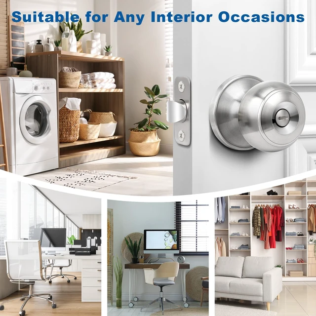 Alt view image 2 of 7 - Privacy Door Knob, 5 Pack Brushed Nickel Round Keyless Doorknobs Interior/Exterior Lockset, Privacy Locking Door Knobs for Bedroom/Bathroom, Modern Design Door Hardware