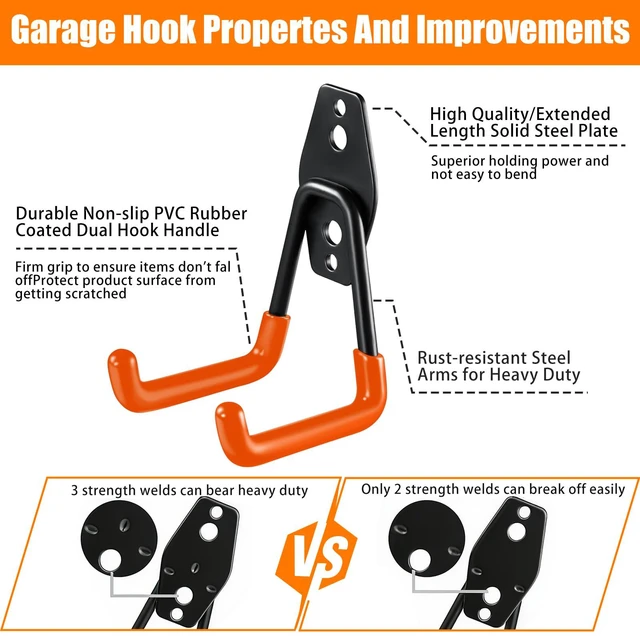 Alt view image 3 of 7 - Heavy Duty Wall Mount Steel 12 Pack Orange Garage Storage Hooks Wall Hooks Heavy Duty for Hanging Bike, Ladder, Garden Tools,Broom,HoseAnti-Slip Coating Garage Wall Organization