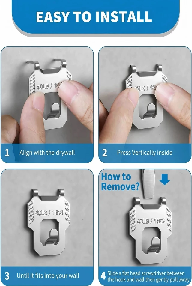 Alt view image 4 of 7 - 91Pcs 40LB Drywall Picture Hanging Hooks Heavy Duty No Damage Picture Hangers Claw Hardware Kit Tool Nail Free Wall Hanger Hooks for Room Office Mirror Photo Poster Frame Decor