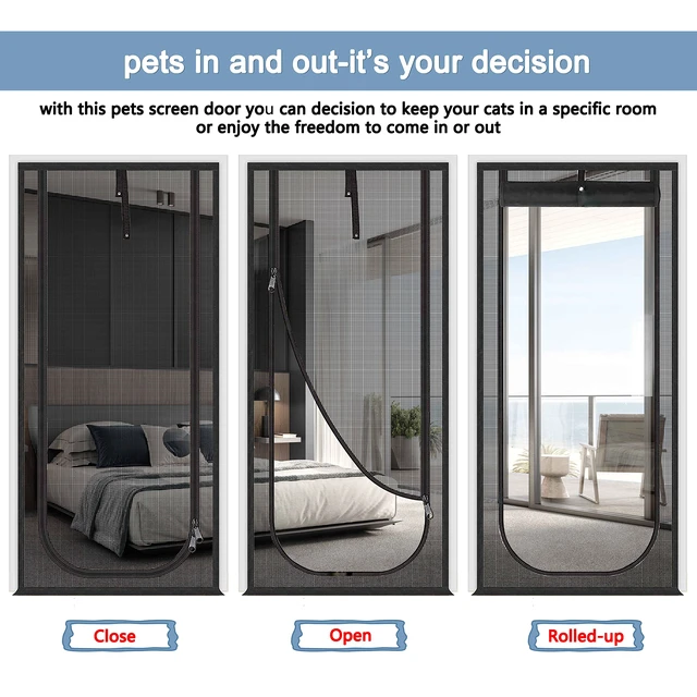 Alt view image 6 of 7 - Upgraded Pet Screen Door,Fits Door Opening Size 34''x 83'',Thickened Cat Resistant Mesh Screen Door for Living Room,Kitchen,Bedroom,Cat Proof Screen with Zipper Closure.(U-Type,Black)
