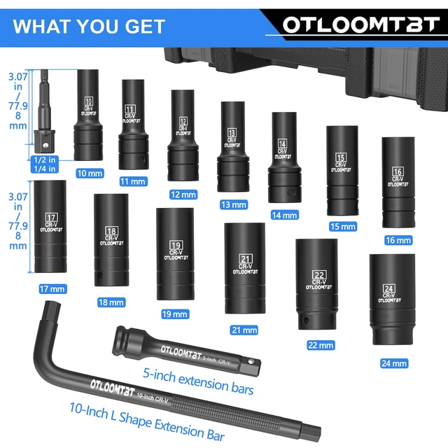 Alt view image 2 of 7 - 16PCS 1/2" Drive Impact Socket Set Heavy Duty CR-V Steel Construction with Extension Bar, 6-Point Design, Laser Markings & Storage Case for Auto Repair