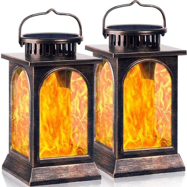 Main image of Flickering Flame Solar Lights Outdoor Metal Hanging Lantern, 2 Pack Realistic Flame Effect, Charges in 6-8 Hours, 10-12-Hour Runtime, IP65 Waterproof, Auto On/Off for Patio, Garden and Porch