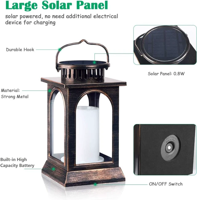 Alt view image 4 of 7 - Flickering Flame Solar Lights Outdoor Metal Hanging Lantern, 2 Pack Realistic Flame Effect, Charges in 6-8 Hours, 10-12-Hour Runtime, IP65 Waterproof, Auto On/Off for Patio, Garden and Porch