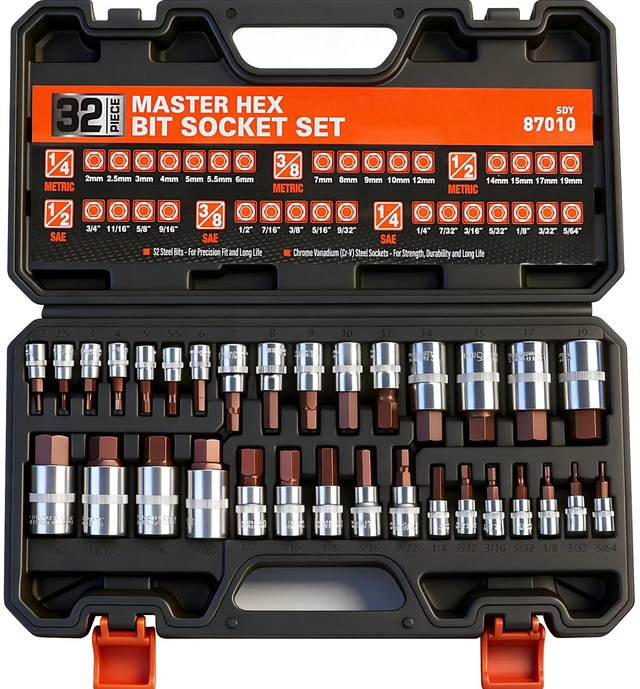 Main image of High Torque Master Hex Bit Socket Set, 32-Piece SAE & Metric Allen Socket Set, Premium S2 Alloy Steel, Durable Storage Case, 1/4", 3/8", 1/2" Drive, for Automotive & Mechanical Work