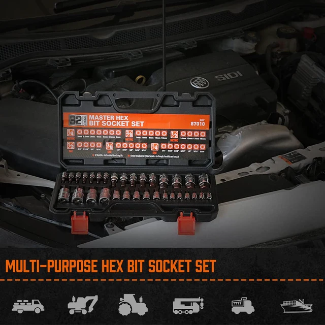 Alt view image 6 of 7 - High Torque Master Hex Bit Socket Set, 32-Piece SAE & Metric Allen Socket Set, Premium S2 Alloy Steel, Durable Storage Case, 1/4", 3/8", 1/2" Drive, for Automotive & Mechanical Work