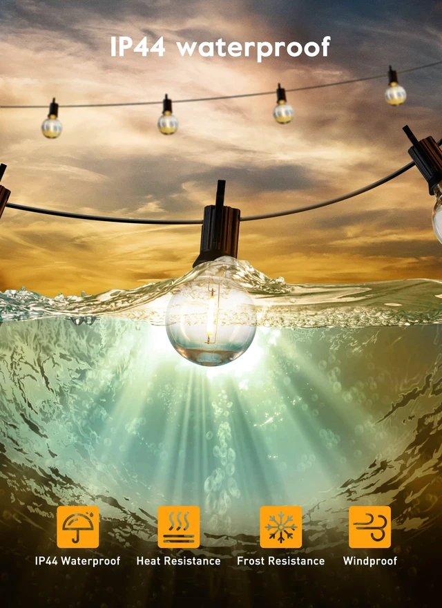 Alt view image 4 of 7 - Outdoor String Lights, 38FT 15 Shatterproof LED Bulbs with Remote, Waterproof Dimmable Patio Hanging Lamps for Porch, Balcony, Bistro, Cafe, Deck, Backyard