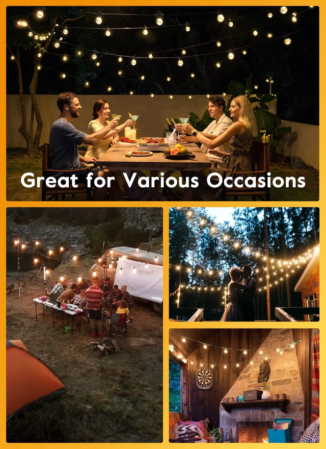 Alt view image 7 of 7 - Outdoor String Lights, 38FT 15 Shatterproof LED Bulbs with Remote, Waterproof Dimmable Patio Hanging Lamps for Porch, Balcony, Bistro, Cafe, Deck, Backyard