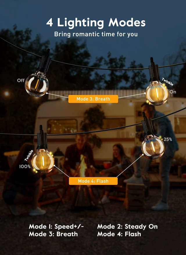 Alt view image 6 of 7 - Outdoor String Lights, 38FT 15 Shatterproof LED Bulbs with Remote, Waterproof Dimmable Patio Hanging Lamps for Porch, Balcony, Bistro, Cafe, Deck, Backyard