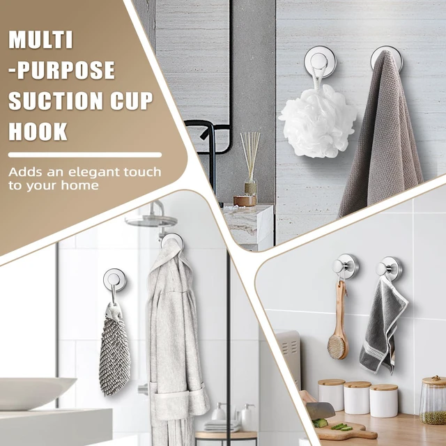 Alt view image 3 of 7 - Suction Cup Hooks for Shower No-Drill Bathroom Hooks for Towels, Robes, Loofah Mountable on Bathroom Walls, Kitchen, Glass, Mirrors,Tile,Smooth Non-Porous Surfaces,Removable,4pcs,Chrome Polished