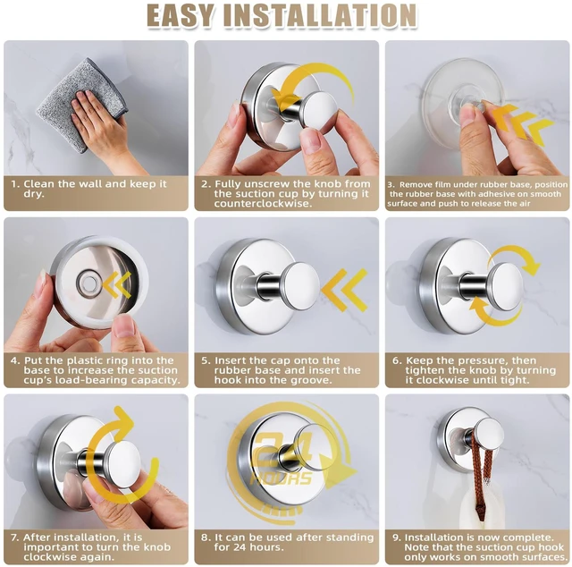 Alt view image 5 of 7 - Suction Cup Hooks for Shower No-Drill Bathroom Hooks for Towels, Robes, Loofah Mountable on Bathroom Walls, Kitchen, Glass, Mirrors,Tile,Smooth Non-Porous Surfaces,Removable,4pcs,Chrome Polished
