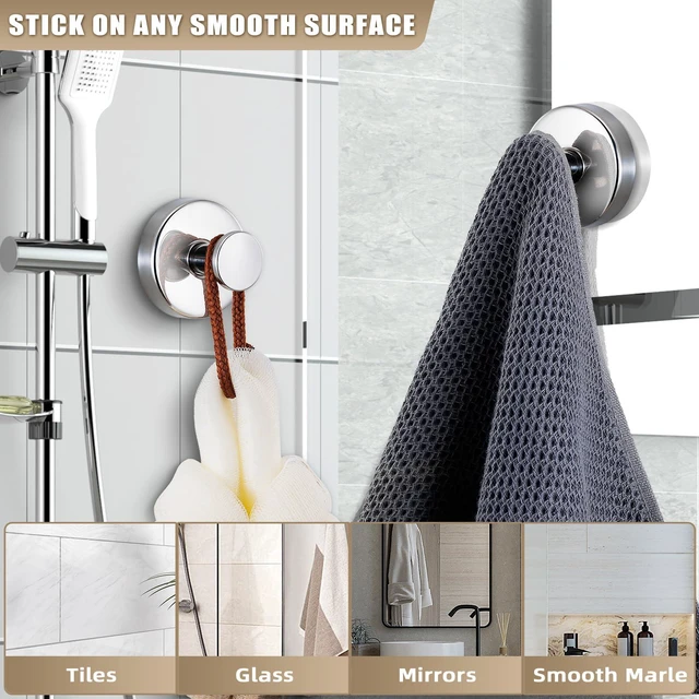 Alt view image 4 of 7 - Suction Cup Hooks for Shower No-Drill Bathroom Hooks for Towels, Robes, Loofah Mountable on Bathroom Walls, Kitchen, Glass, Mirrors,Tile,Smooth Non-Porous Surfaces,Removable,4pcs,Chrome Polished