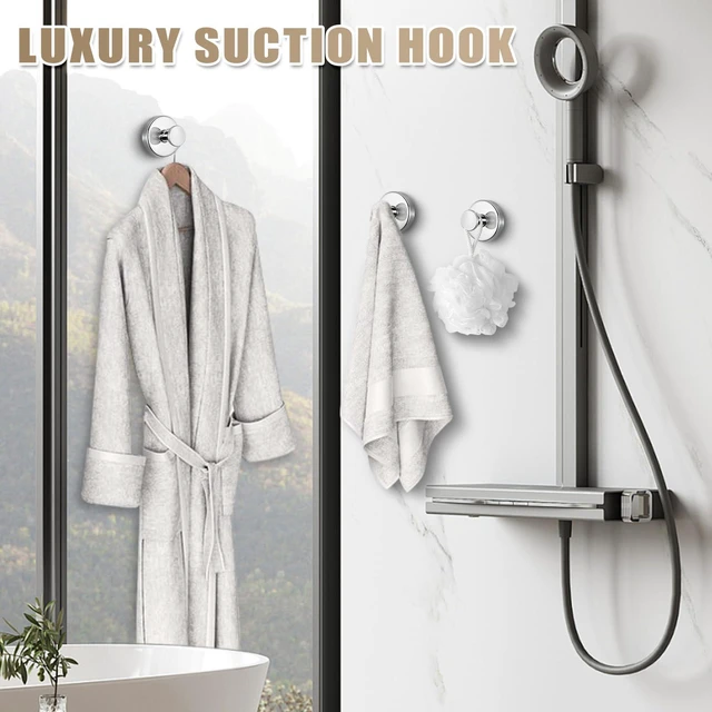 Alt view image 6 of 7 - Suction Cup Hooks for Shower No-Drill Bathroom Hooks for Towels, Robes, Loofah Mountable on Bathroom Walls, Kitchen, Glass, Mirrors,Tile,Smooth Non-Porous Surfaces,Removable,4pcs,Chrome Polished