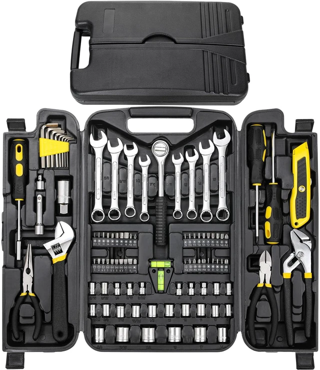 Main image of 95-Piece Mechanic Tool Set with Storage Case, Yellow Car Tool Kit And Wrench Tool Set with Pliers, Sockets And Bits; Organized Case for Household Maintenance And Garage Repairs