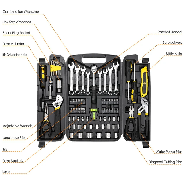 Alt view image 3 of 6 - 95-Piece Mechanic Tool Set with Storage Case, Yellow Car Tool Kit And Wrench Tool Set with Pliers, Sockets And Bits; Organized Case for Household Maintenance And Garage Repairs