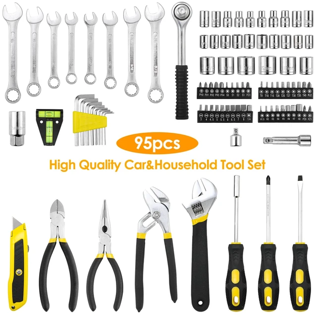 Alt view image 4 of 6 - 95-Piece Mechanic Tool Set with Storage Case, Yellow Car Tool Kit And Wrench Tool Set with Pliers, Sockets And Bits; Organized Case for Household Maintenance And Garage Repairs